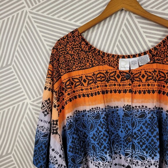 NEW Roamans Peasant Top Plus Size 5X boho Romantic Orange Blue Geometric Crinkle - Picture 3 of 5